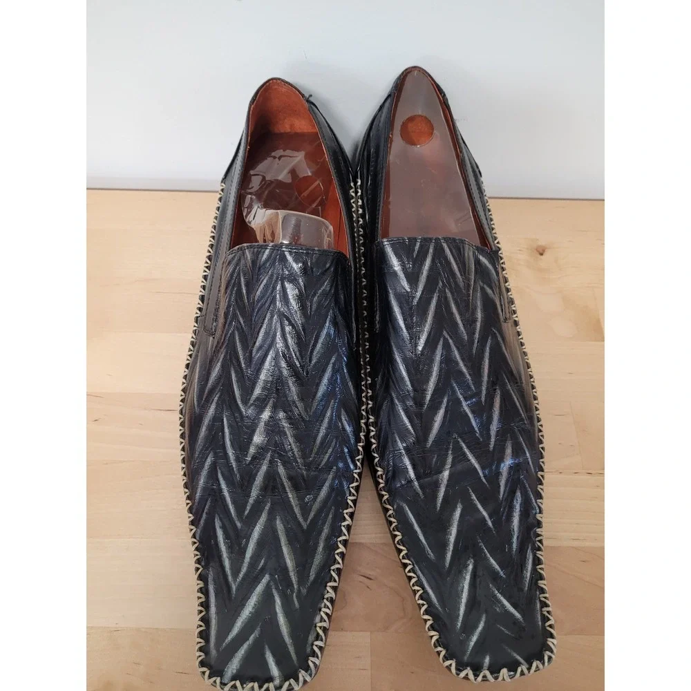 Robert Wayne Jordan Loafers Mens Size 12 Black Silver Chevron Whipstitch Shoes